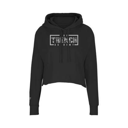 Black hoodie with 'The Trench Academy' logo on a white background
