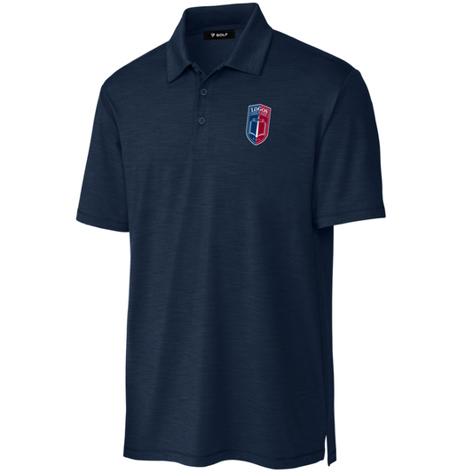 Navy blue polo shirt with a logo on the chest against a white background