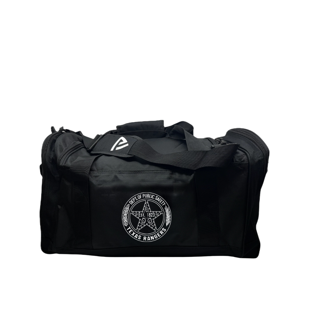 Black duffel bag with a logo on a gray background