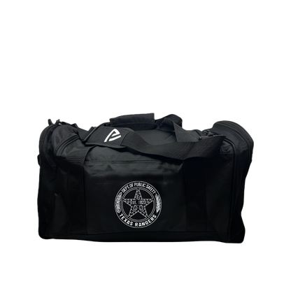 Black duffel bag with a logo on a gray background