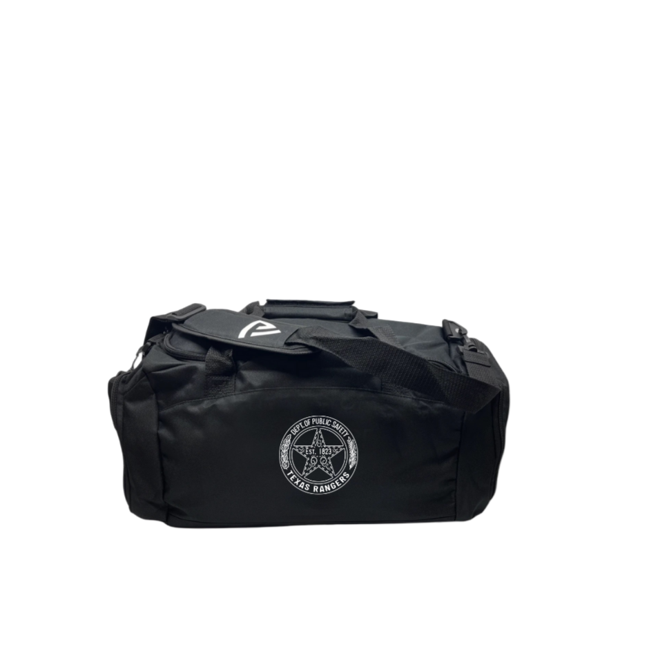 Black duffel bag with a logo on a gray background