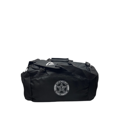 Black duffel bag with a logo on a gray background