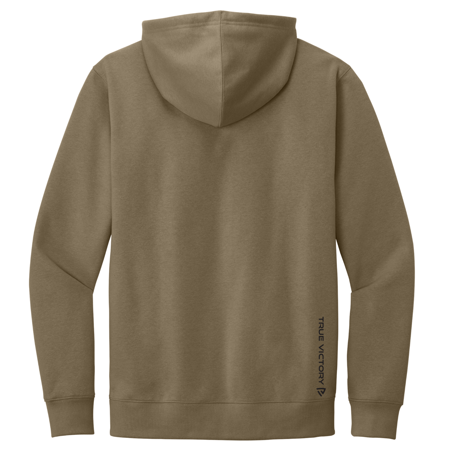 A brown hooded sweatshirt shown from the back, featuring a small vertical black 'true color' logo near the lower back, set against a plain white background.