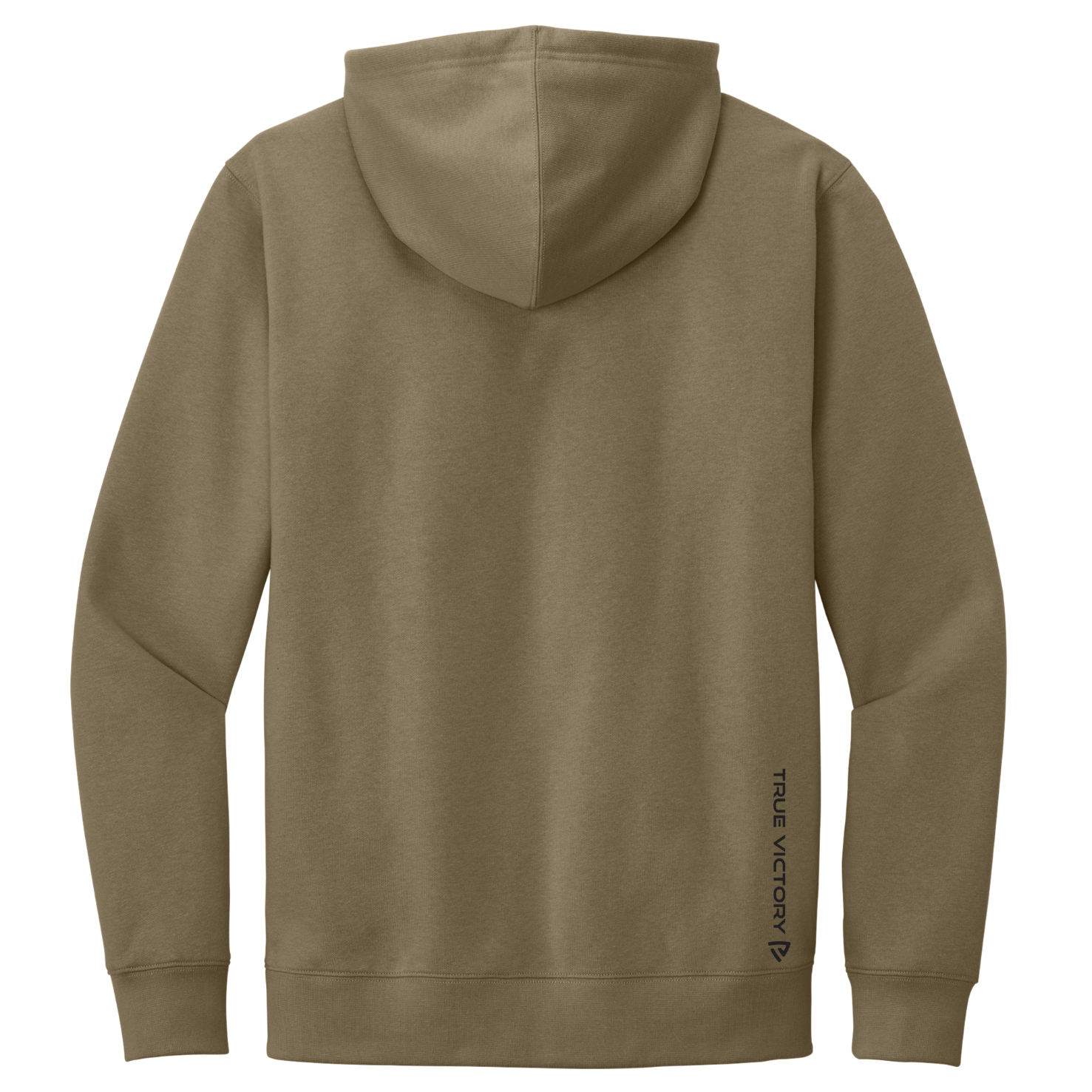 A brown hooded sweatshirt shown from the back, featuring a small vertical black 'true color' logo near the lower back, set against a plain white background.