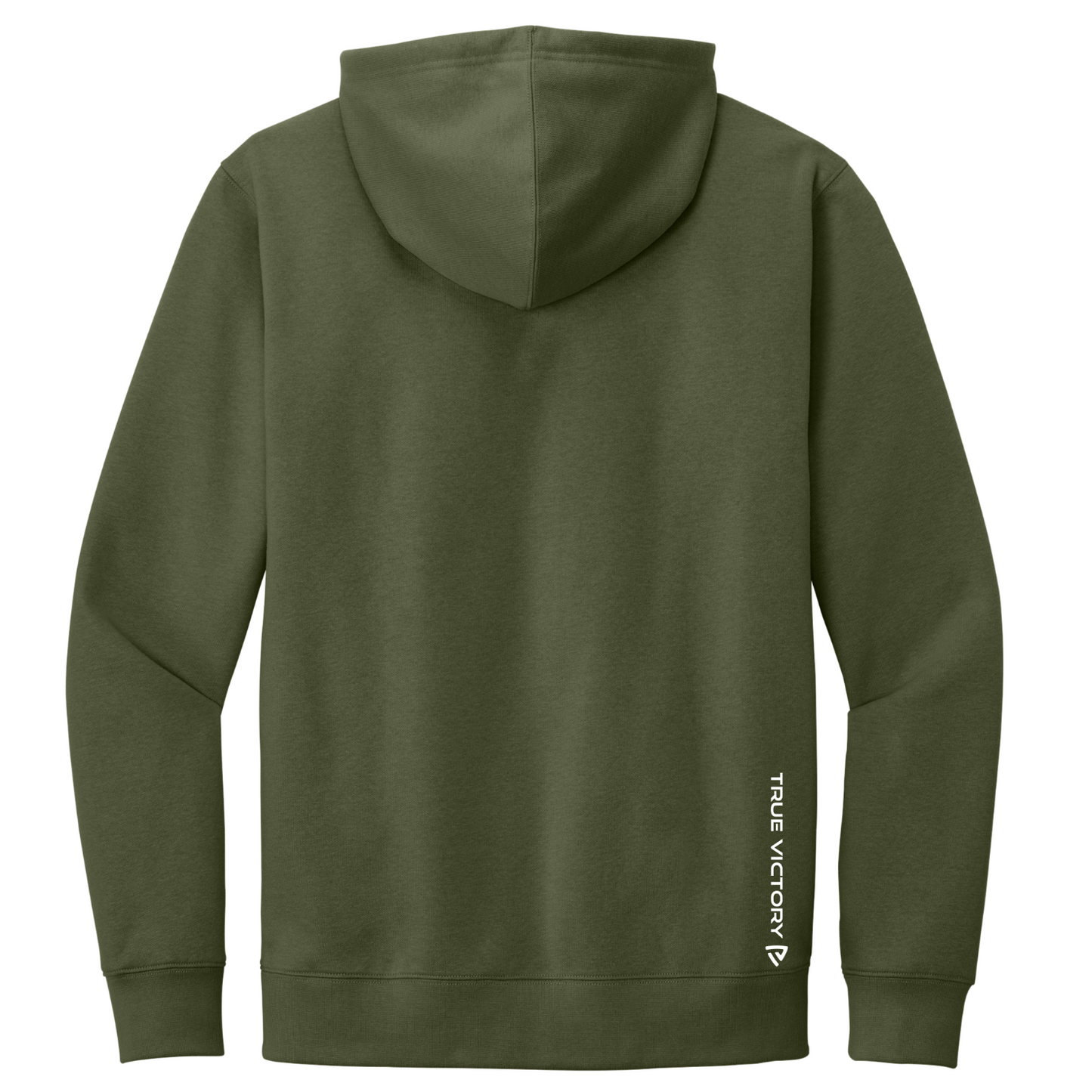 An olive green hooded sweatshirt shown from the back, featuring a small white vertical 'TRUE VICTORY' logo printed on the lower back, set against a plain white background.