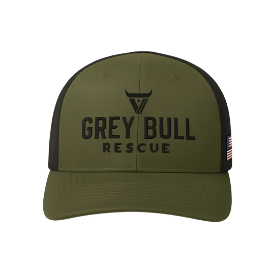Green cap with 'Grey Bull Rescue' text on a light gray background