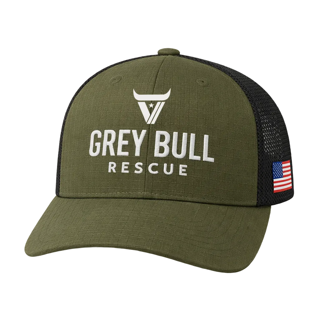 Green cap with 'Grey Bull Rescue' text and American flag on a light gray background