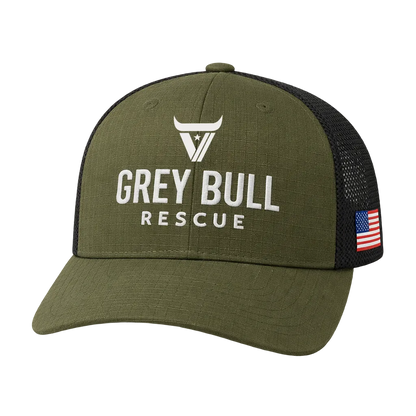 Green cap with 'Grey Bull Rescue' text and American flag on a light gray background