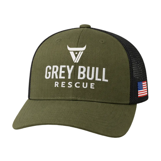 Green cap with 'Grey Bull Rescue' text and American flag on a light gray background
