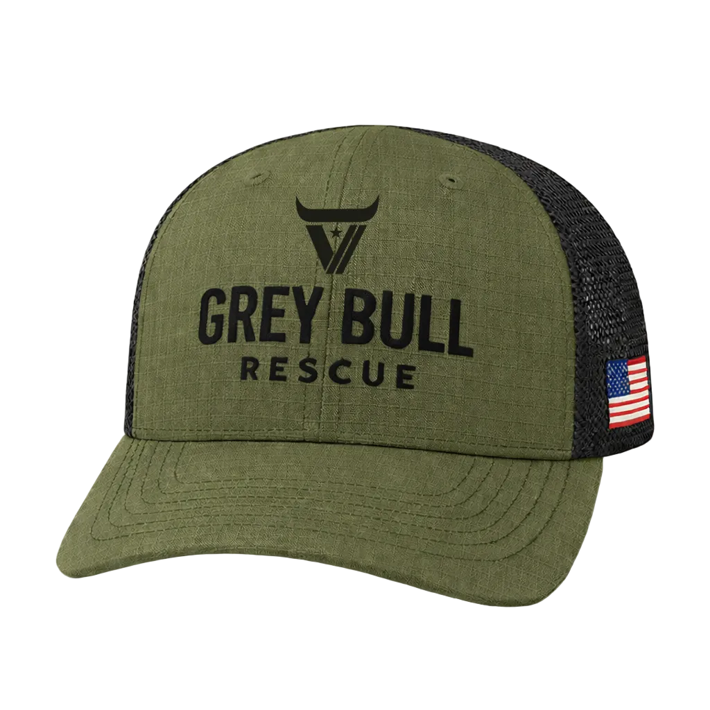 Green cap with 'Grey Bull Rescue' text and American flag on a white background