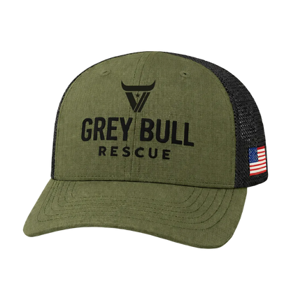Green cap with 'Grey Bull Rescue' text and American flag on a white background