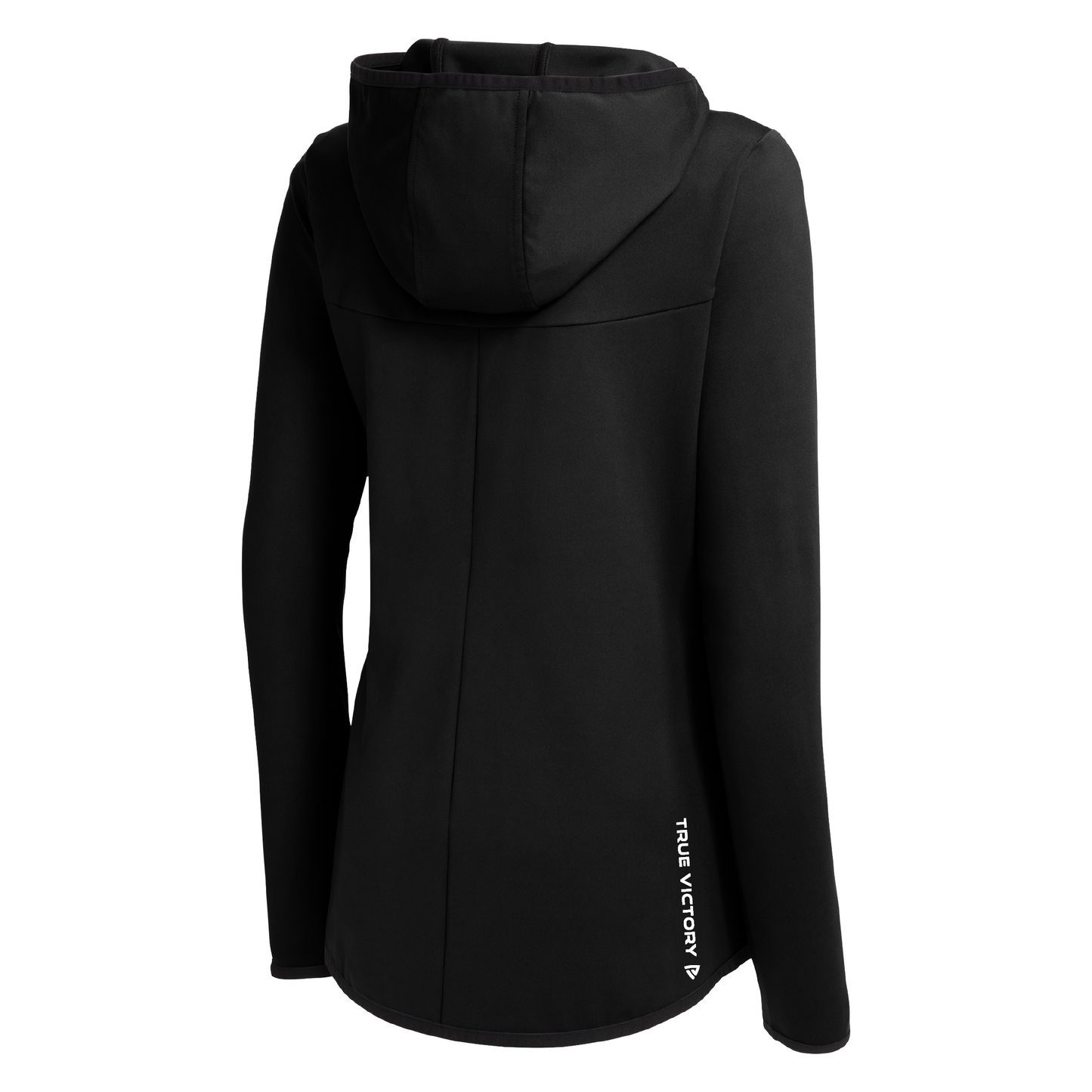 Black hooded long-sleeve athletic jacket shown from the back, featuring a vertical white 'TRUE VICTORY' logo near the lower left hem, on a solid white background.