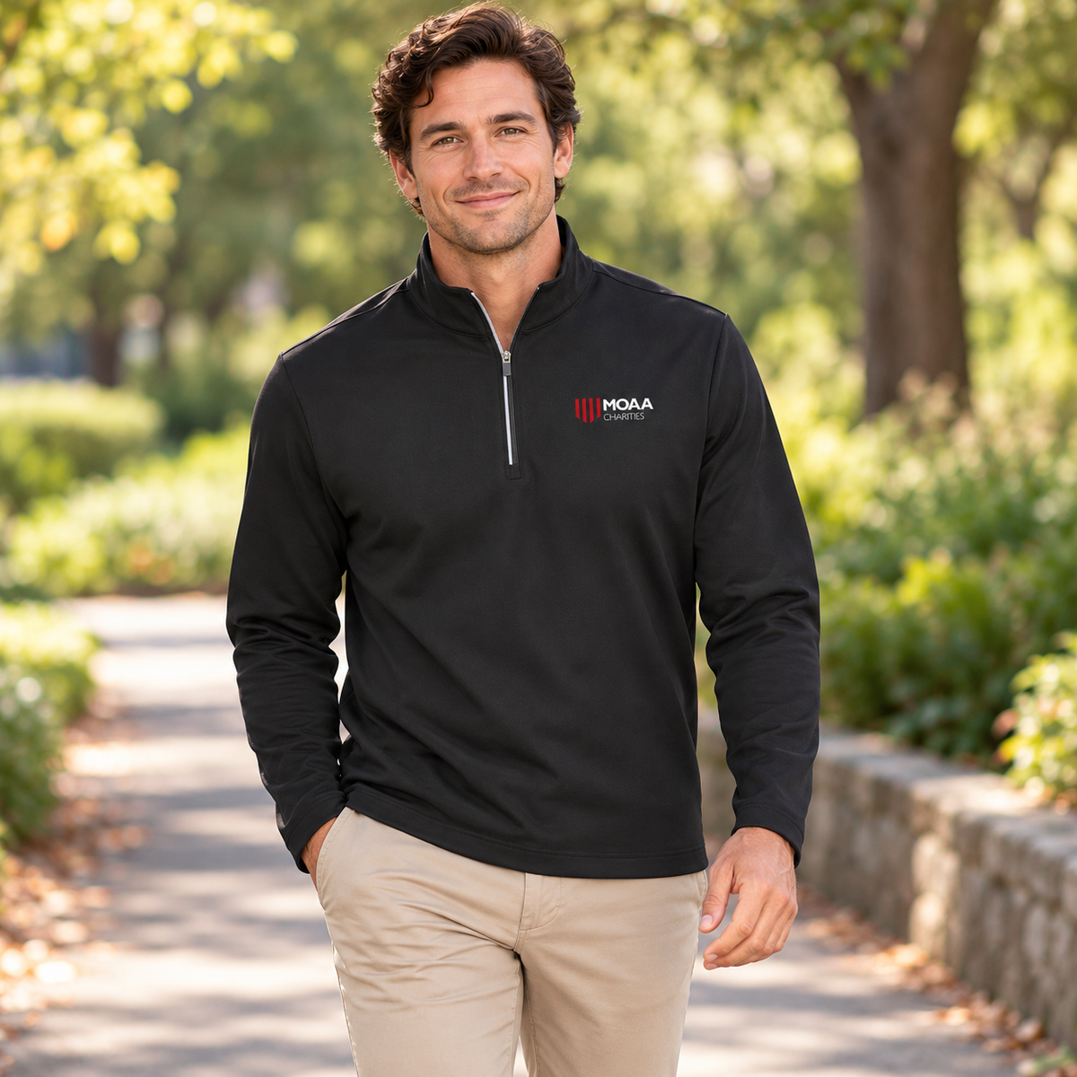Adult man wearing the Men's MOAA Charities Quarter Zip in a lifestyle setting.