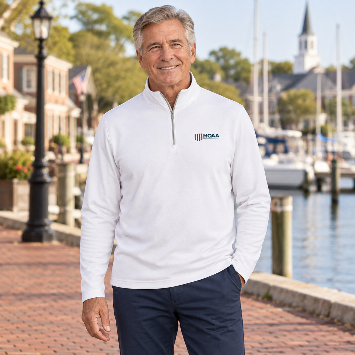 Older adult man wearing the Men's MOAA Quarter Zip in a lifestyle setting.