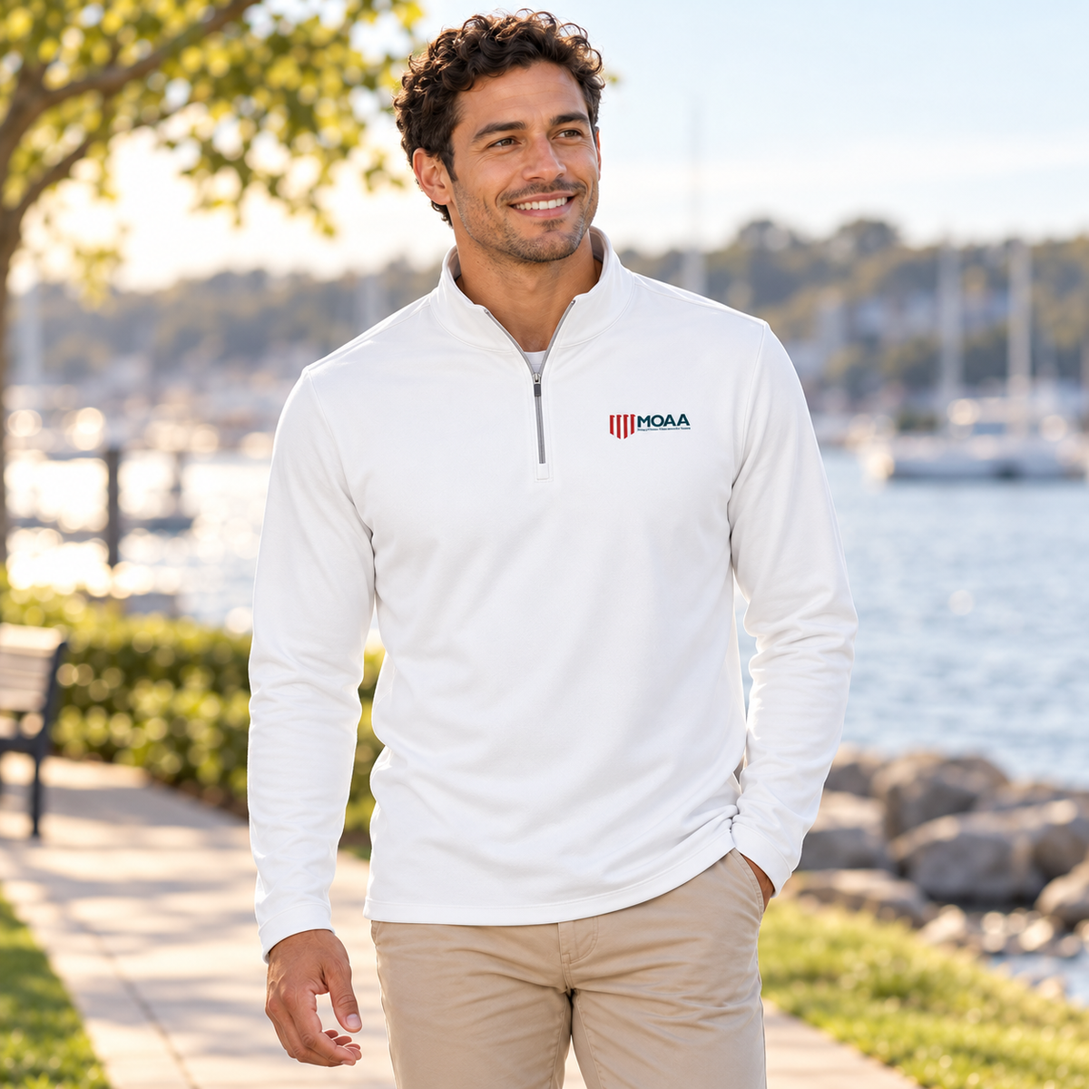 Younger adult wearing the Men's MOAA Quarter Zip in a lifestyle setting.
