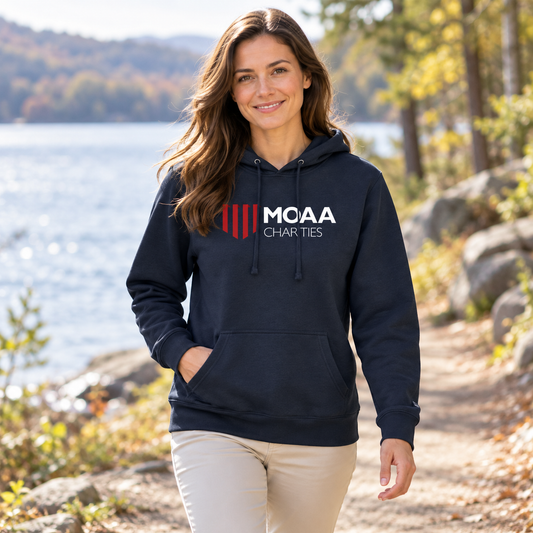 Adult woman wearing the MOAA Charities Hoodie in a lifestyle setting.