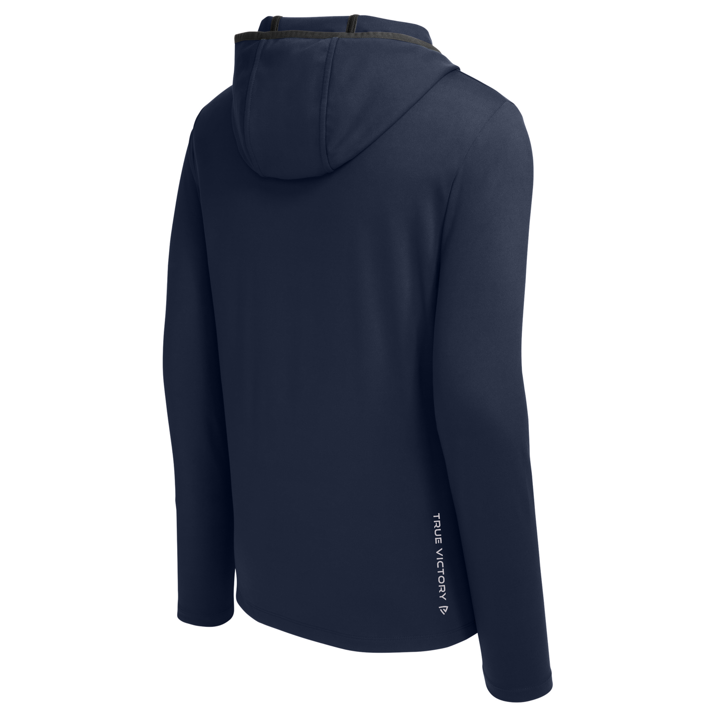 A navy blue hooded sweatshirt shown from the back, featuring a vertical white 'TRUE VICTORY' logo printed on the lower left sleeve, set against a plain white background.