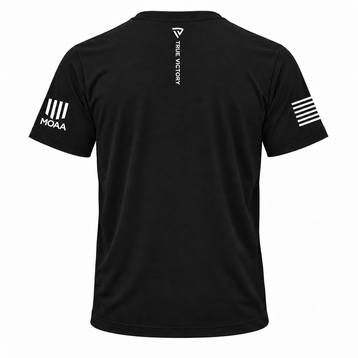 TotalForce+ Tee — Black back, small True Victory shield and vertical wordmark at upper back neckline