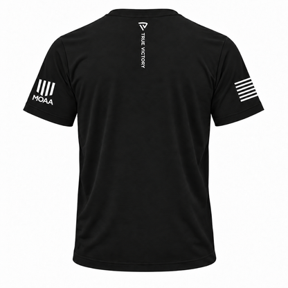 TotalForce+ Tee — Black back, small True Victory shield and vertical wordmark at upper back neckline