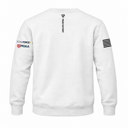 TotalForce+ People Outrank Everything Crewneck — White back, small True Victory neckline drip