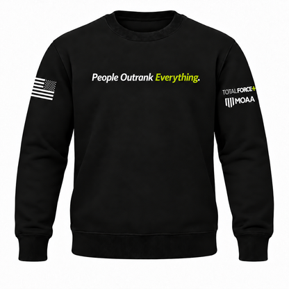Black block crewneck front with lime Everything, stacked TotalForce+/MOAA left sleeve, and right-sleeve assault flag with stars forward
