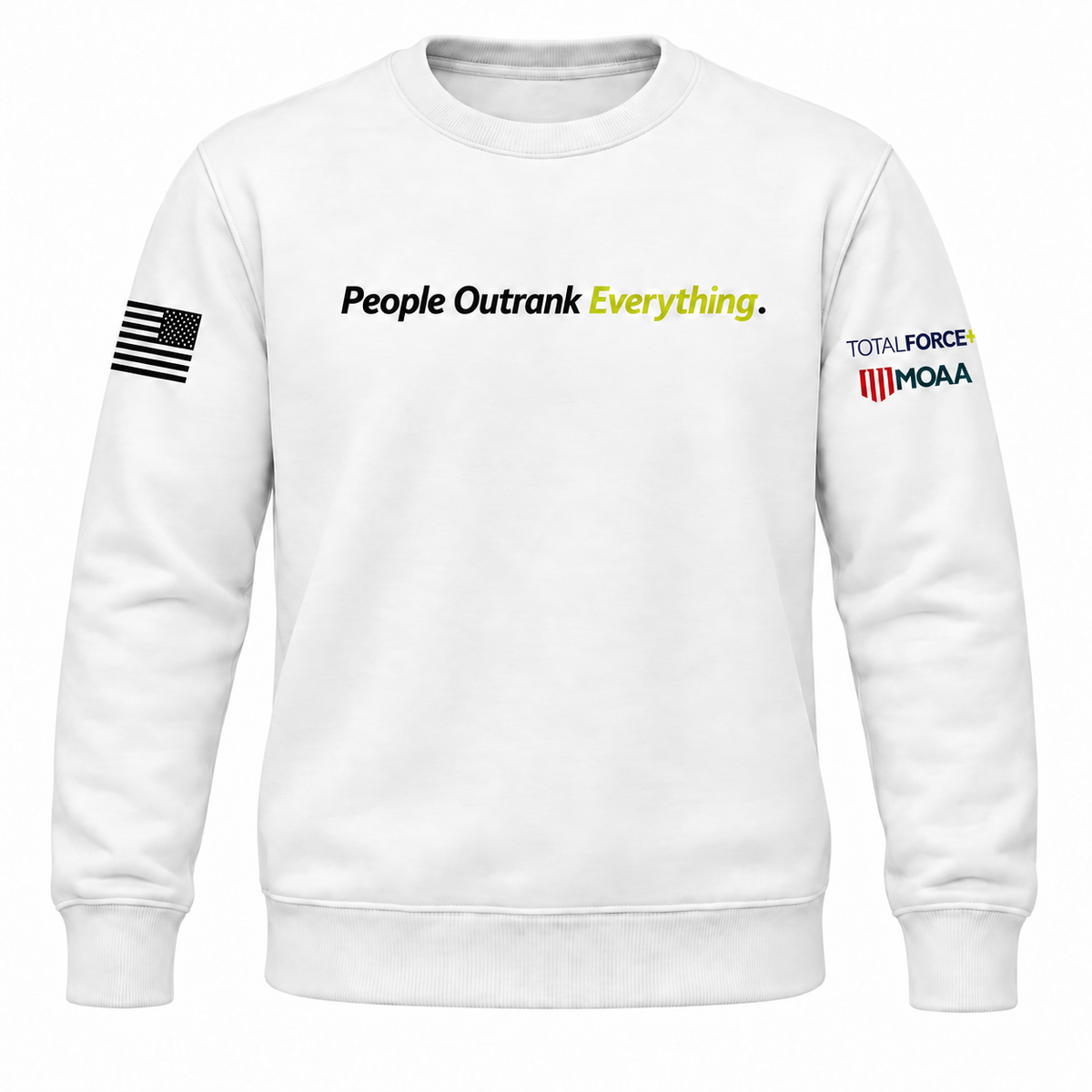 White block crewneck front with lime Everything, stacked TotalForce+/MOAA left sleeve, and right-sleeve assault flag with stars forward