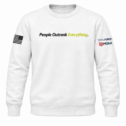 White block crewneck front with lime Everything, stacked TotalForce+/MOAA left sleeve, and right-sleeve assault flag with stars forward