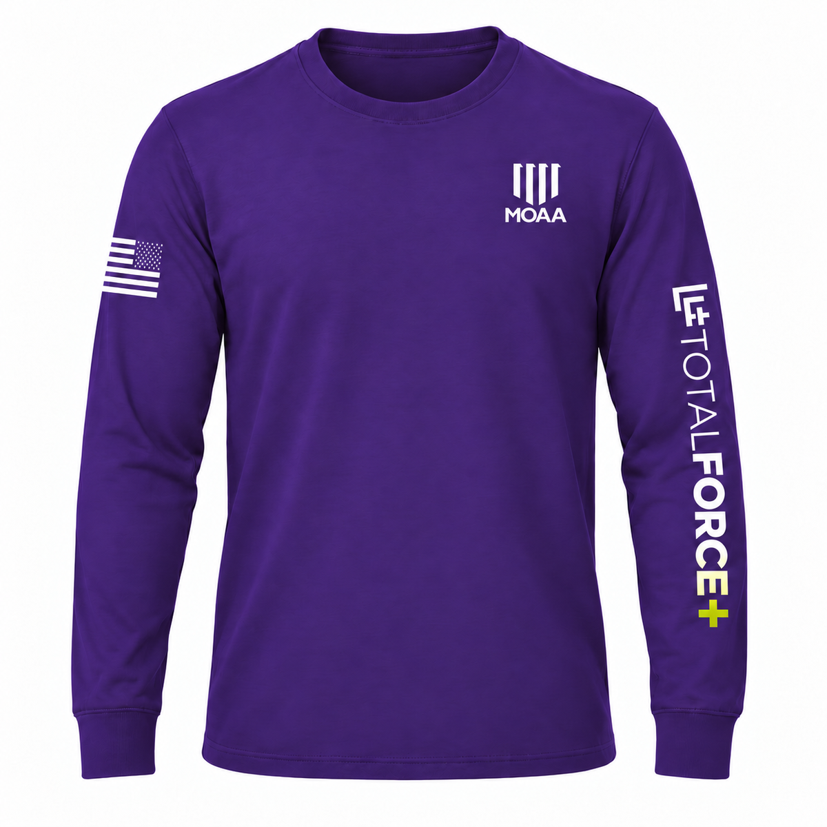 Purple TotalForce+ long sleeve front with MOAA chest, original TotalForce+ sleeve monogram, and right-sleeve assault flag with stars forward