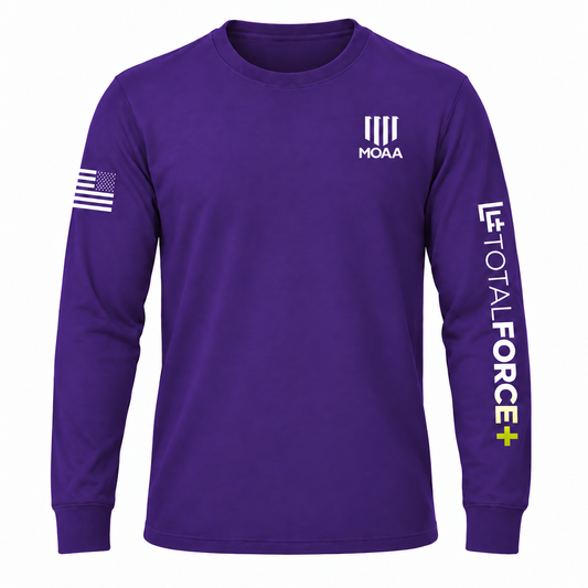Purple TotalForce+ long sleeve front with MOAA chest, original TotalForce+ sleeve monogram, and right-sleeve assault flag with stars forward