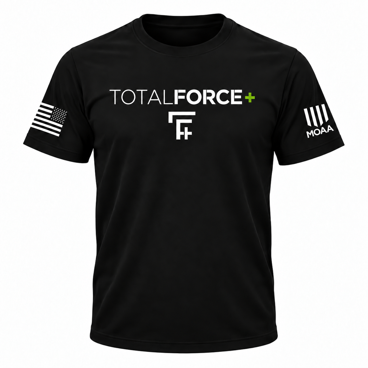 Black TotalForce+ tee front with original TotalForce+ chest monogram, MOAA left sleeve, and right-sleeve assault flag with stars forward