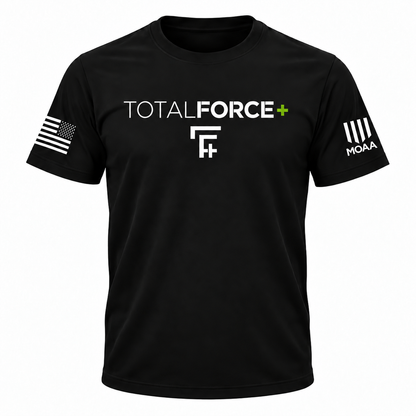 Black TotalForce+ tee front with original TotalForce+ chest monogram, MOAA left sleeve, and right-sleeve assault flag with stars forward