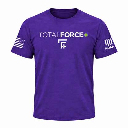 Purple TotalForce+ tee front with original TotalForce+ chest monogram, MOAA left sleeve, and right-sleeve assault flag with stars forward