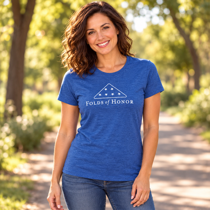 Woman wearing the Folds of Honor Tee outdoors.