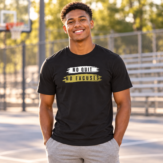 Man wearing the FHS No Excuses Black Tee outdoors.