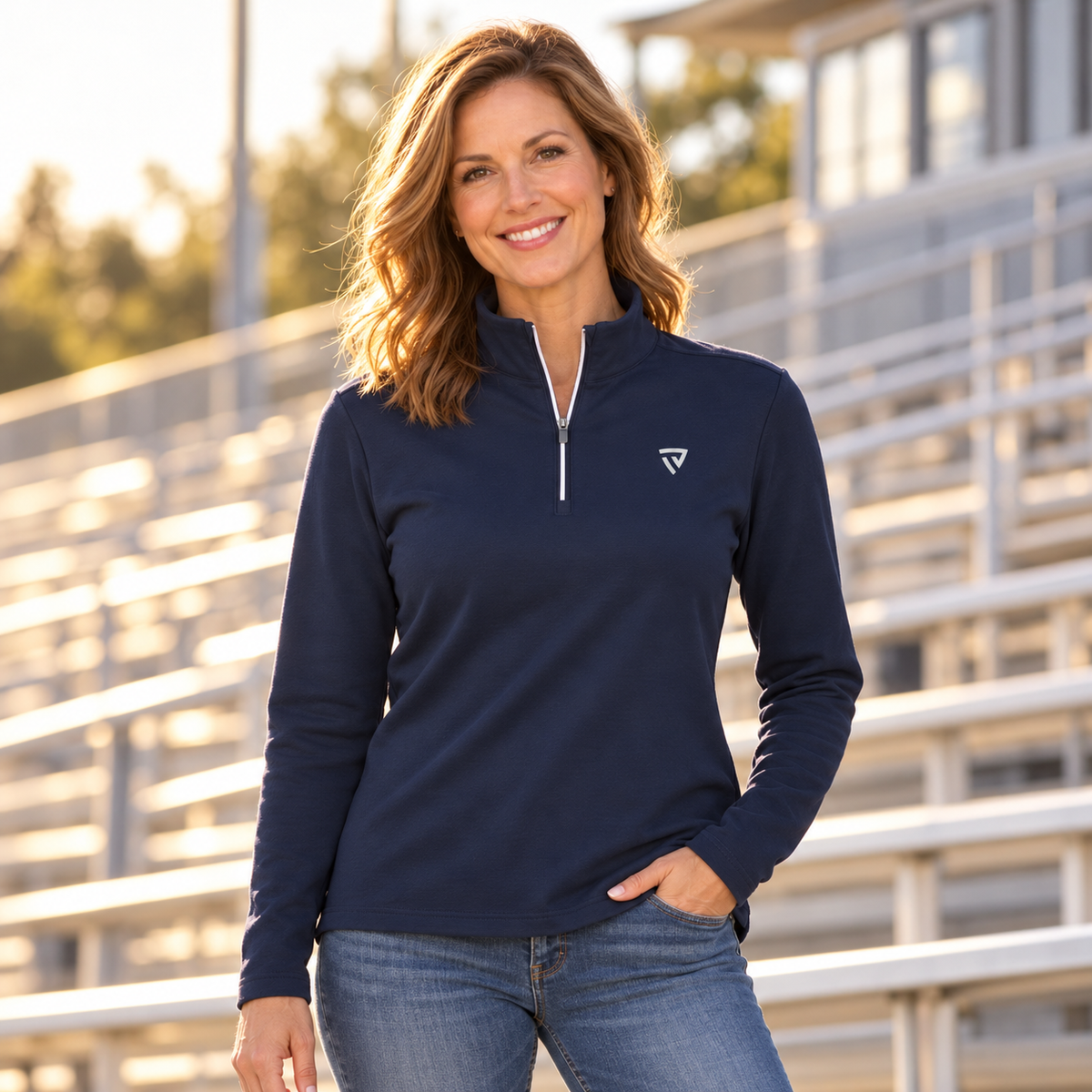Woman wearing the True Victory Navy Quarter Zip outdoors.