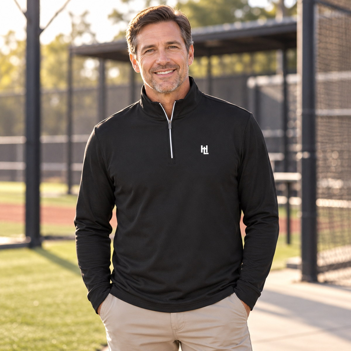 Man wearing the HitLab Quarter Zip outdoors.