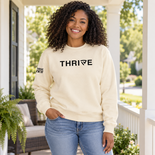 Lifestyle view of Five & Thrive Vanilla Crewneck Sweatshirt outdoors.