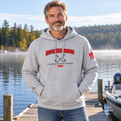 Lifestyle view of Hookum Good Stay Sharp Hoodie by the water.