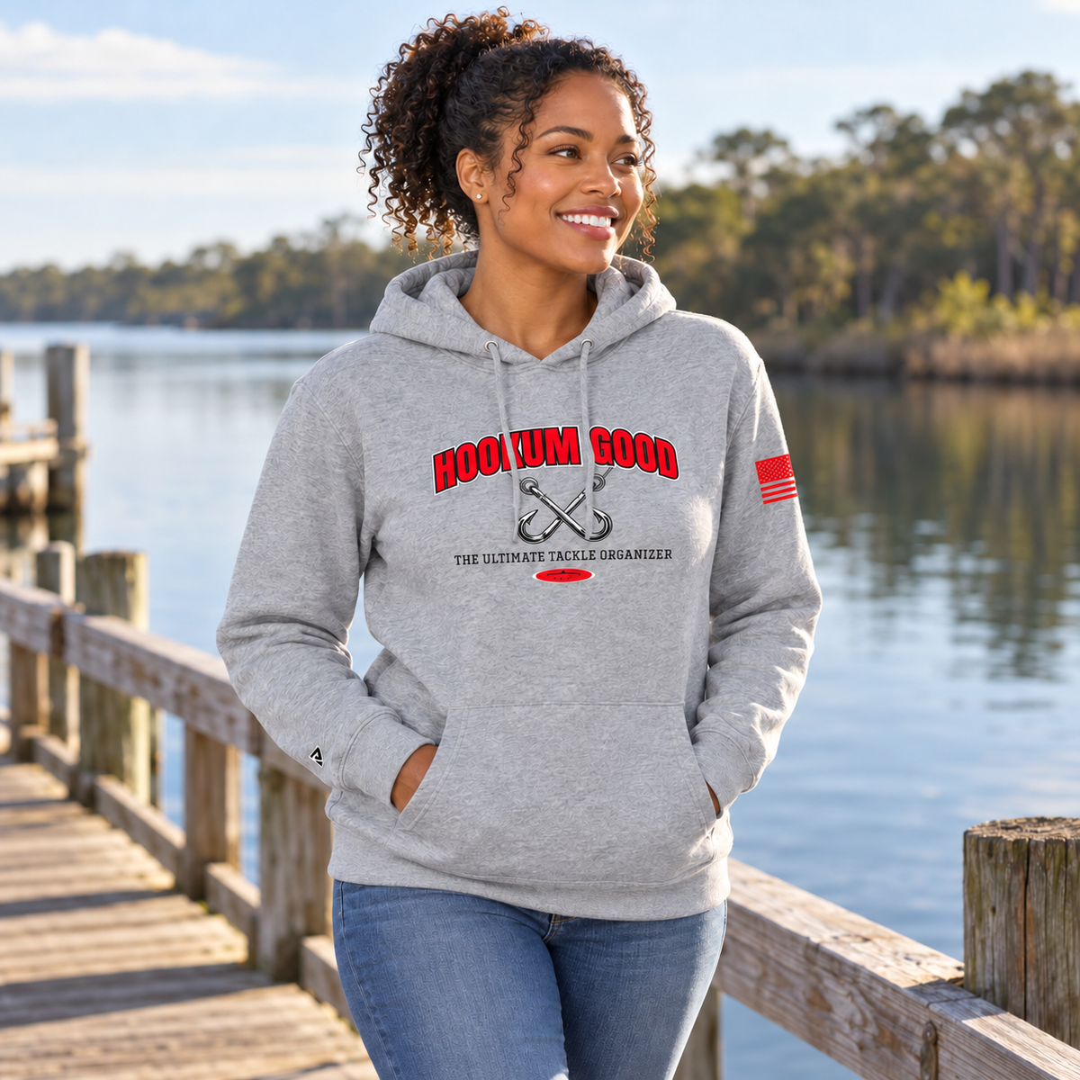 Lifestyle view of Hookum Good Stay Sharp Hoodie outdoors.