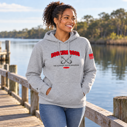 Lifestyle view of Hookum Good Stay Sharp Hoodie outdoors.