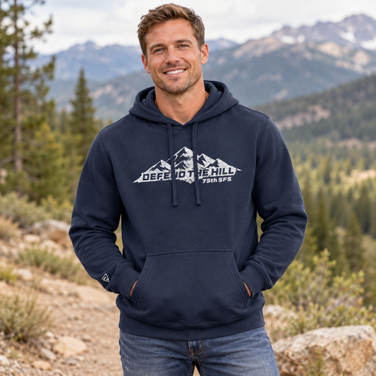 Lifestyle view of 75 SFS Navy Hoodie outdoors.