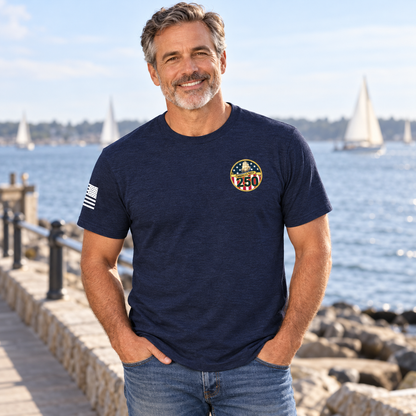 Lifestyle view of Navy 250th Birthday Navy Tee by the water.
