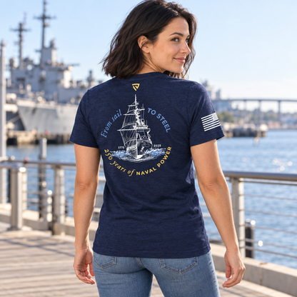 Back view of Navy 250th Birthday Navy Tee by the water.