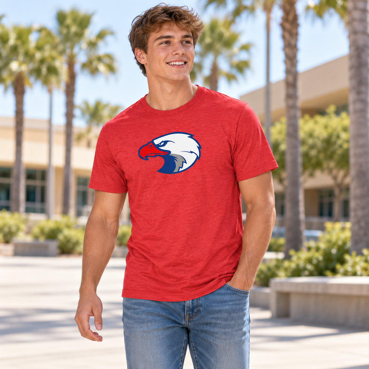 Lifestyle view of SHS Eagle Head Tee at an athletics setting.