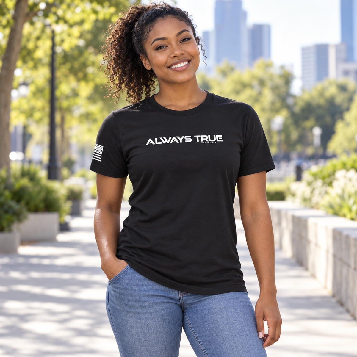 Lifestyle view of Always True Tee outdoors.