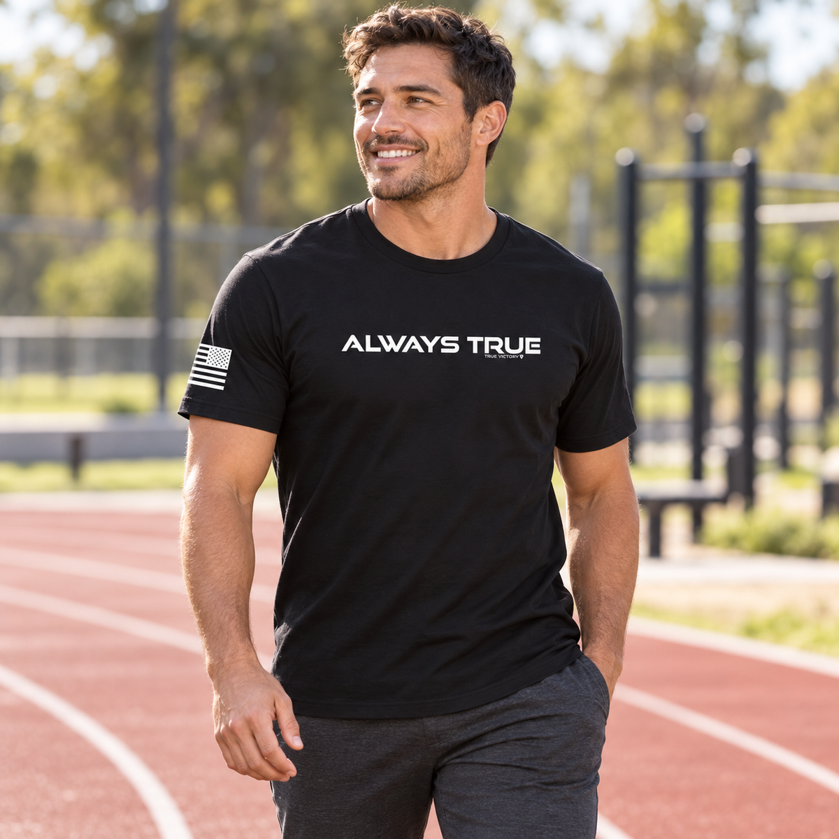 Lifestyle view of Always True Tee outdoors.