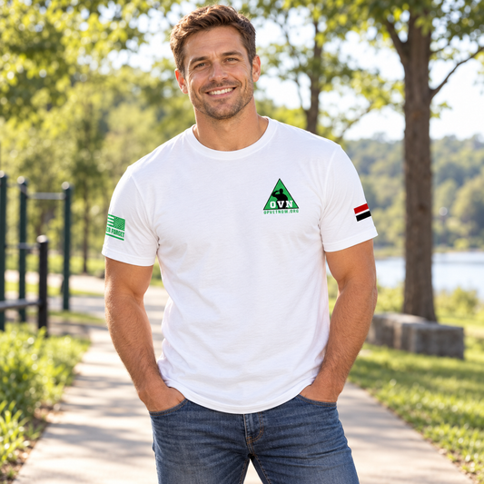 Lifestyle view of OVN Tee outdoors.