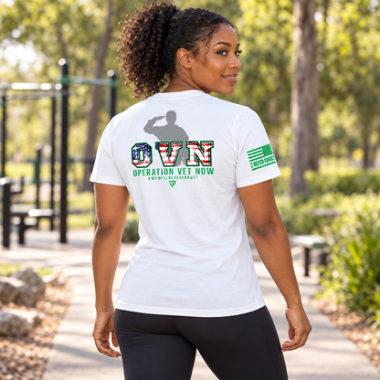 Back view of OVN Tee outdoors.