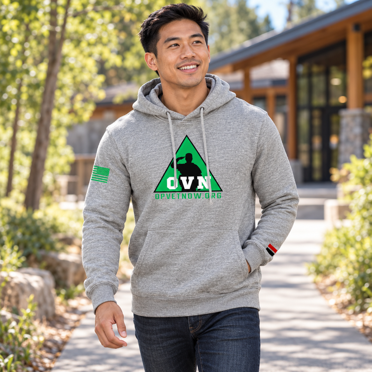 Lifestyle view of OVN Hoodie outdoors.