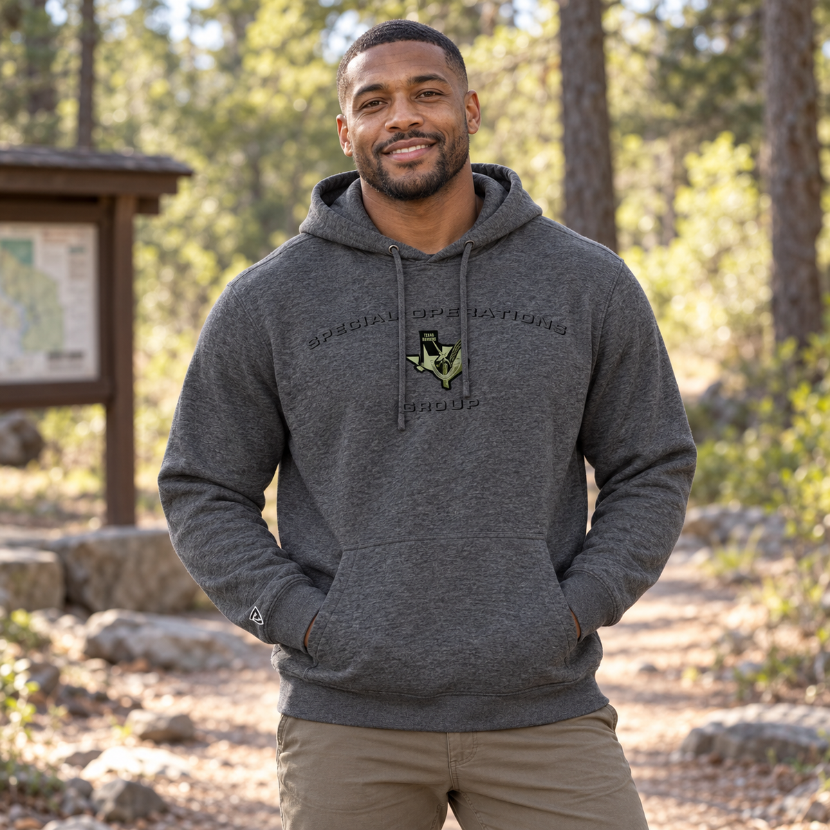 Lifestyle view of Texas Rangers SOG Shadow Hoodie outdoors.